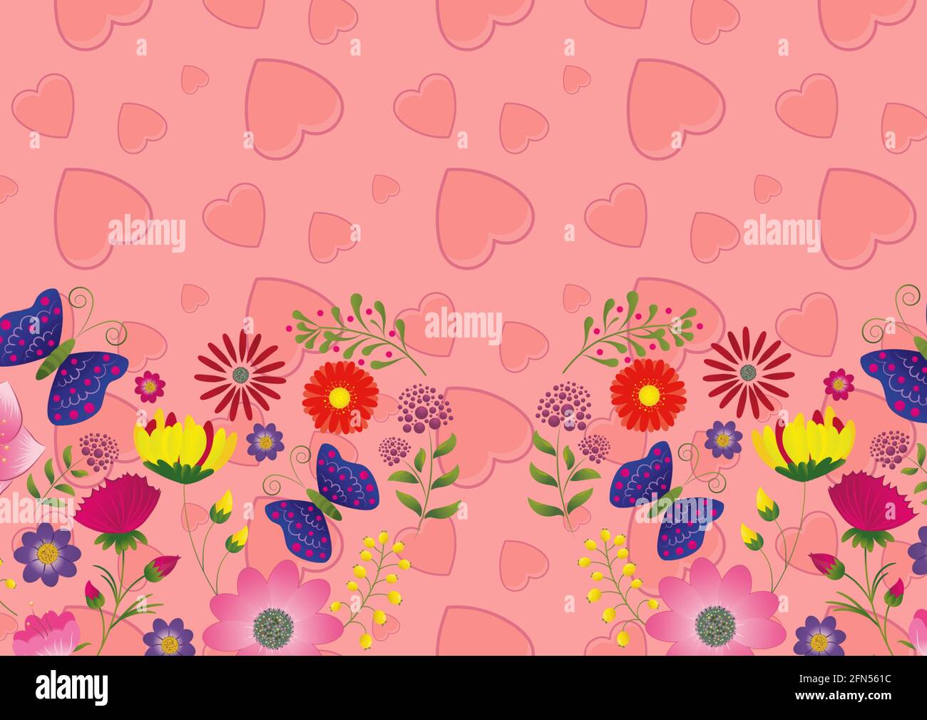 Composition de fleurs avec coeurs roses sur fond rose Banque D'Images