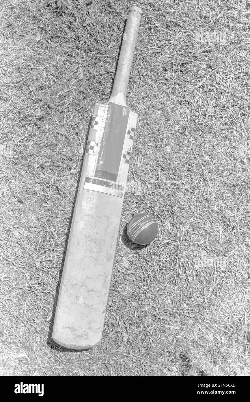 Ancienne batte de cricket britannique et balle australienne sur un terrain d'herbe noir et blanc. Les cendres Banque D'Images