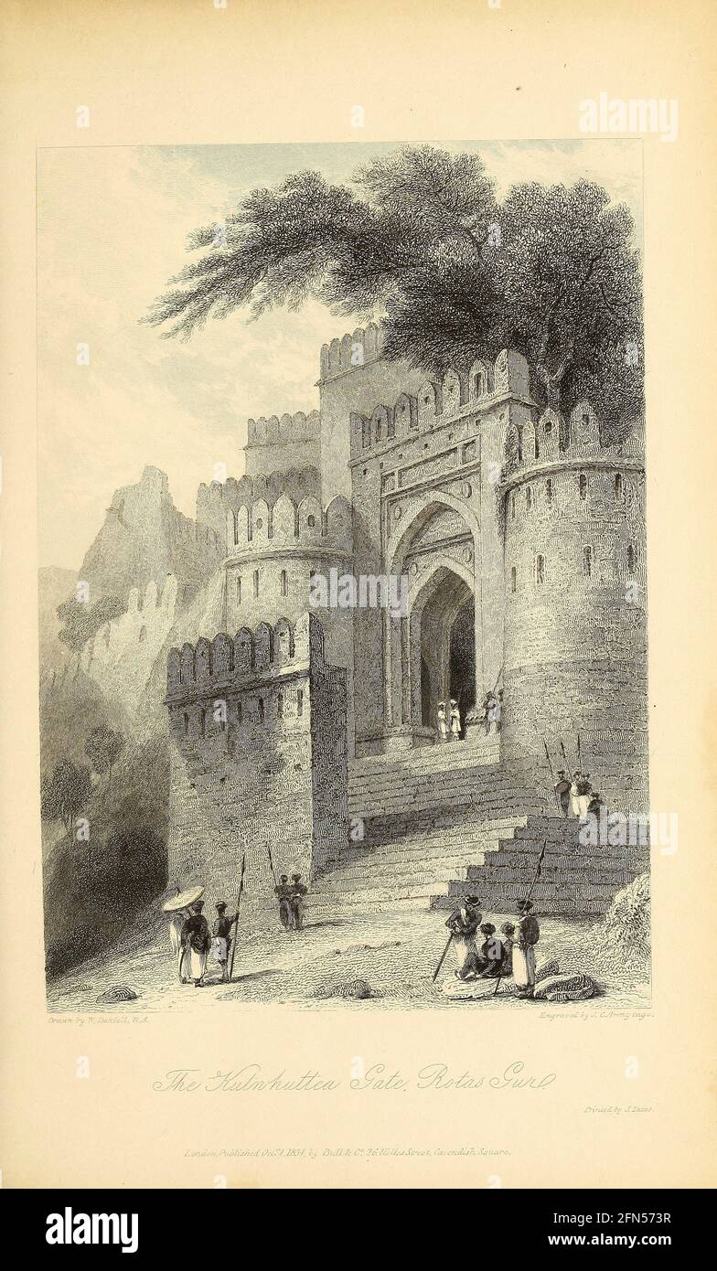 Kutwhuttea Gate, Rotas Gur du livre « The Oriental Annual, or, Scenes in India » du rév. Hobart Caunter publié par Edward Bull, Londres 1835 gravures de dessins de William Daniell Banque D'Images
