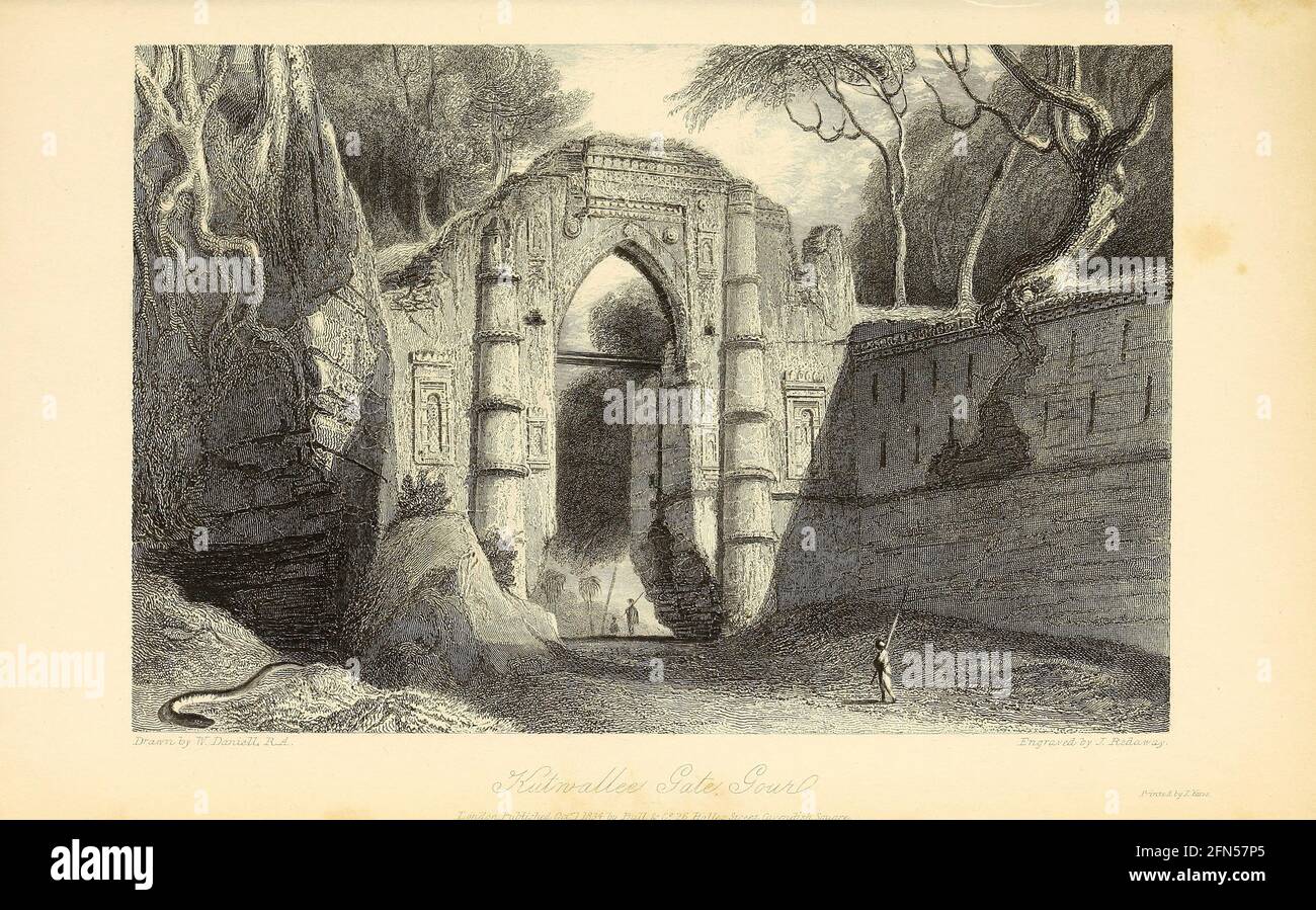 Kutwallee Gate, Gour du livre « The Oriental Annual, or, Scenes in India » du rév. Hobart Caunter publié par Edward Bull, Londres 1835 gravures de dessins de William Daniell Banque D'Images