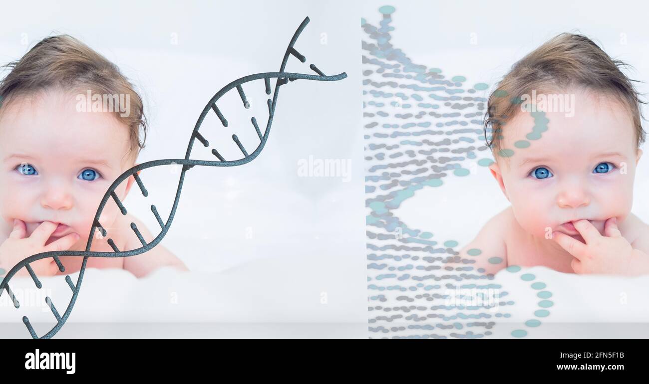 Bébé caucasien avec les yeux bleus regardant la caméra avec concept d'adn Banque D'Images