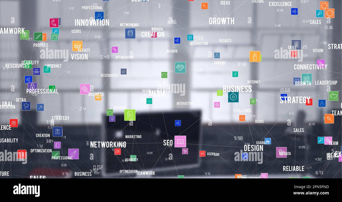 Composition du réseau d'icônes numériques et de texte sur ordinateur en arrière-plan Banque D'Images