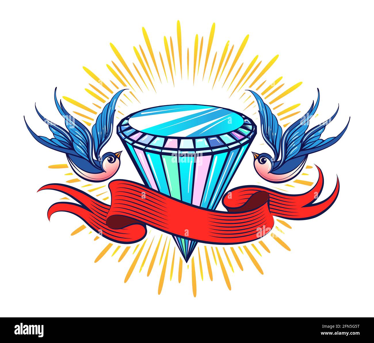 Tattoo coloré de Shining Diamond avec ruban et deux Swalws. Illustration vectorielle. Illustration de Vecteur