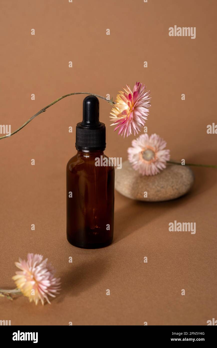 Compte-gouttes en verre brun avec huile cosmétique et fleurs roses sèches sur fond de terre cuite, gros plan. Banque D'Images