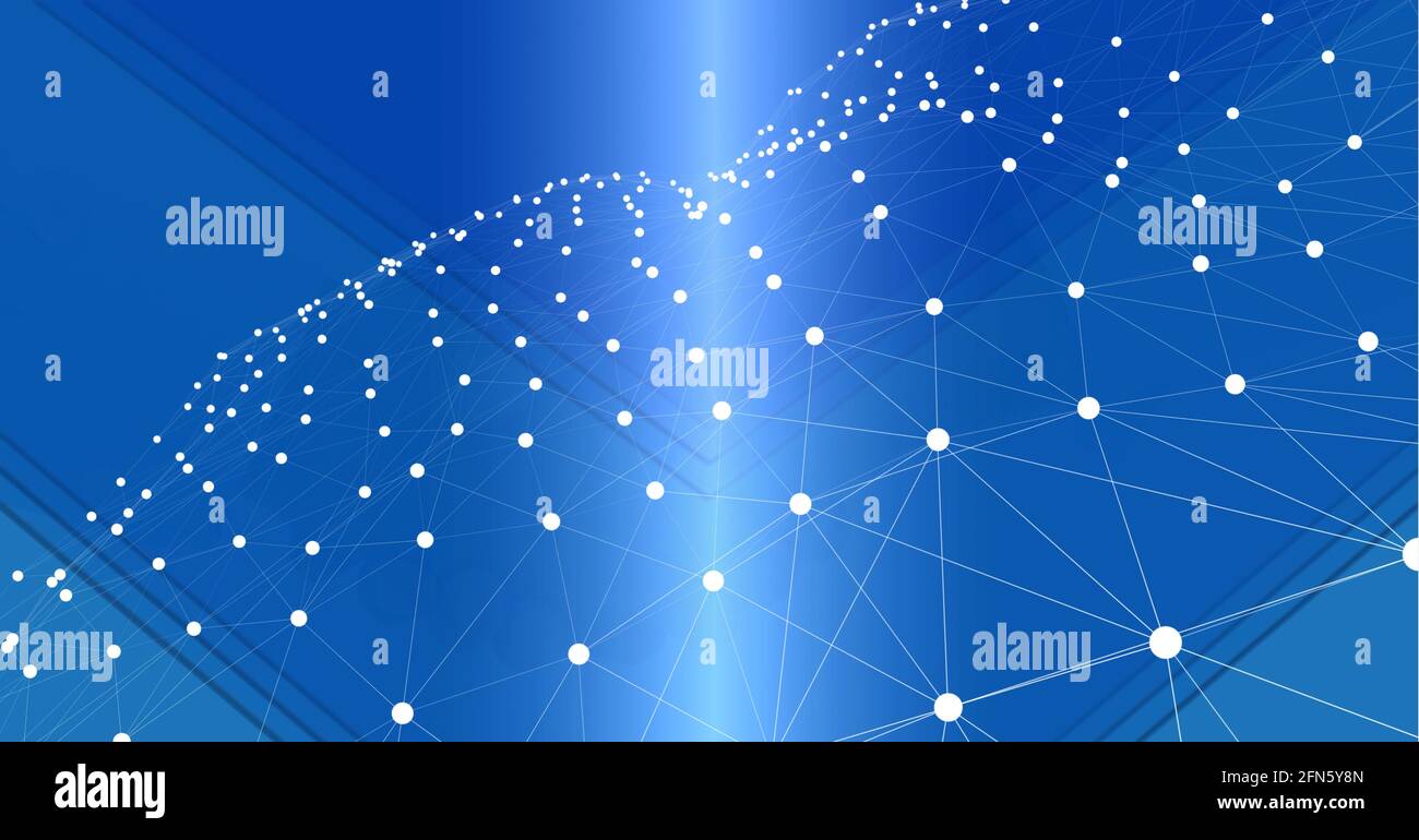 Réseau de connexions avec des formes géométriques abstraites sur fond bleu Banque D'Images