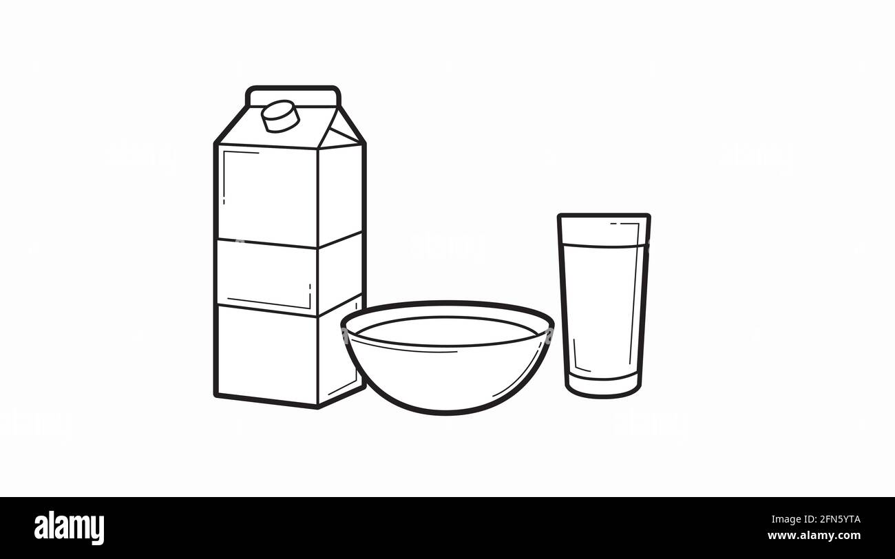 Illustration du petit déjeuner. Illustration linéaire noire et blanche vectorielle d'une boîte à lait, d'un bol et d'un verre Illustration de Vecteur