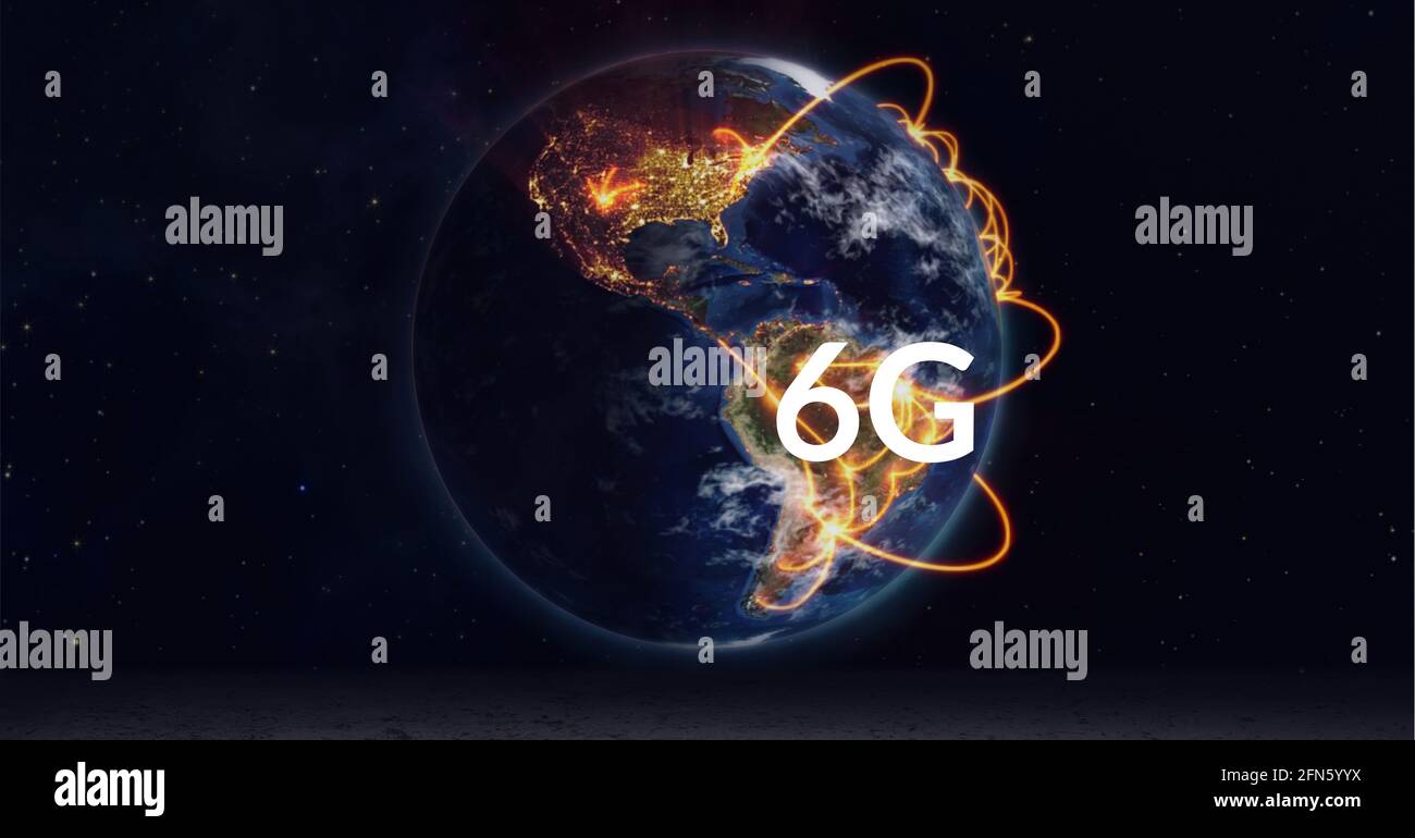 Composition de 6 g de texte sur le globe avec connexions brillantes arrière-plan noir Banque D'Images
