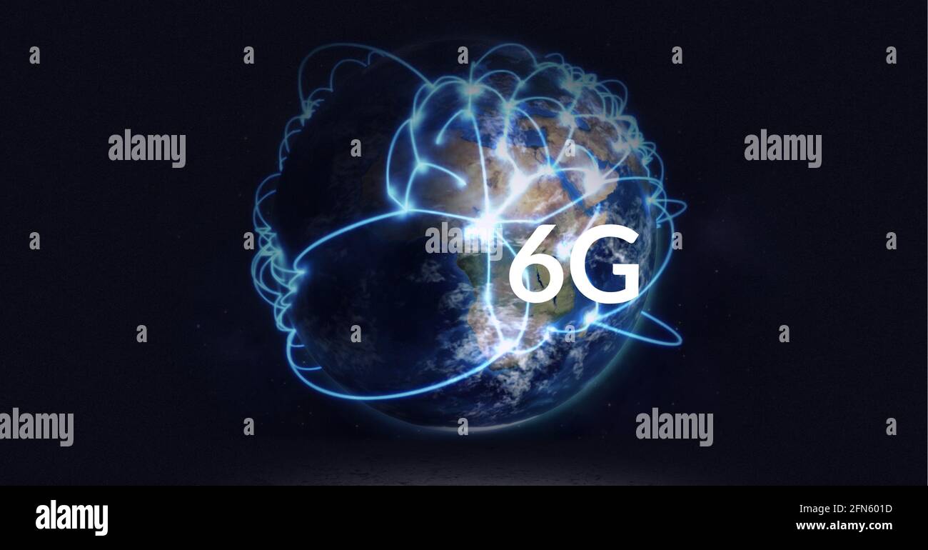 Composition de 6 g de texte sur le globe avec connexions brillantes arrière-plan noir Banque D'Images