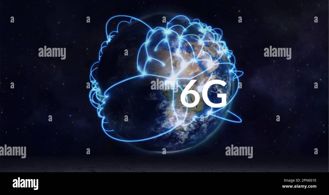 Composition de 6 g de texte sur le globe avec connexions brillantes arrière-plan noir Banque D'Images