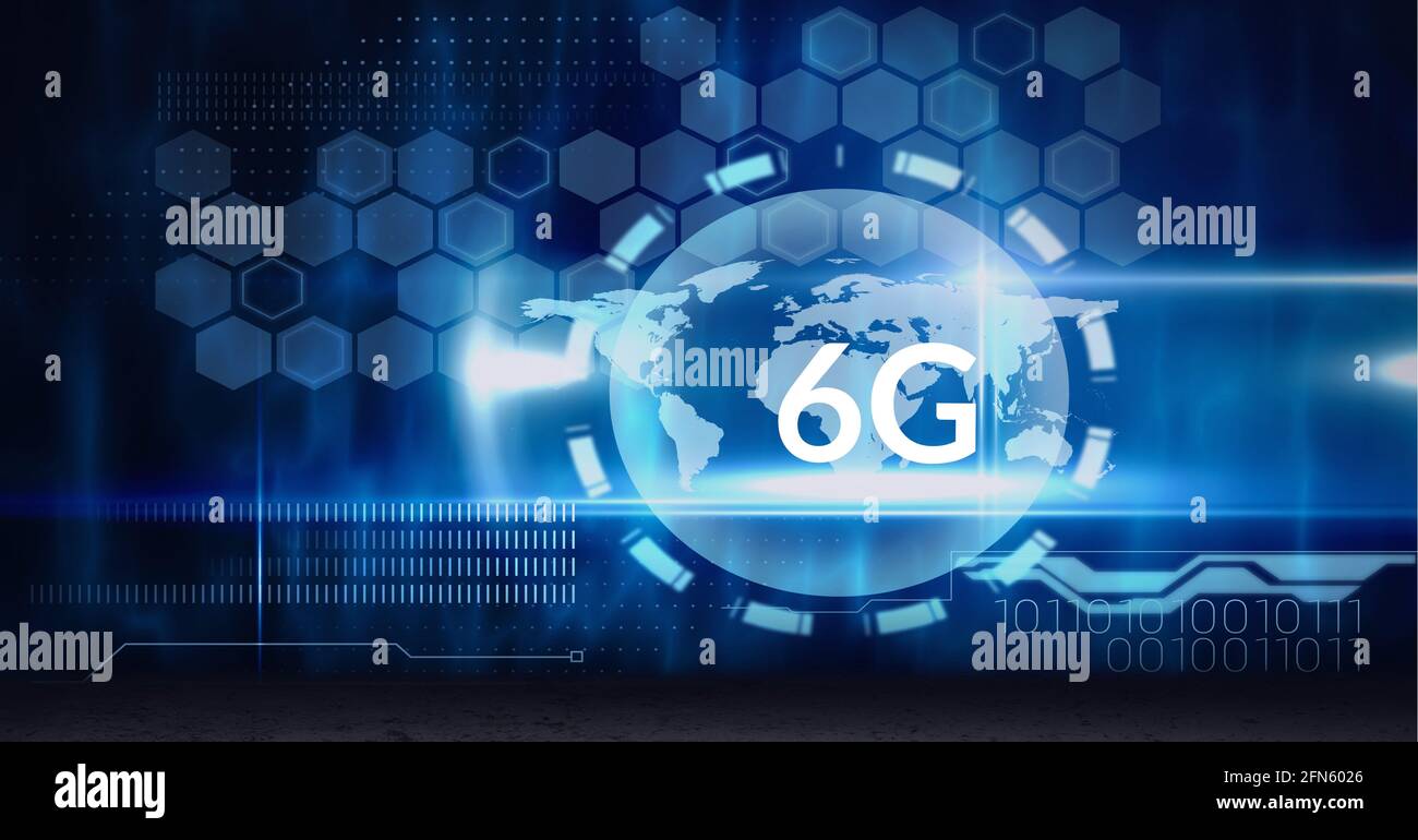 Composition de 6g de texte sur le globe avec des connexions brillantes et hexagons en arrière-plan Banque D'Images