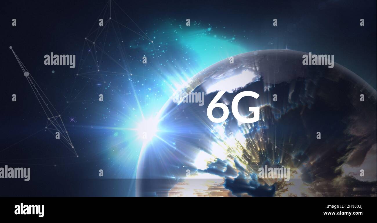 Composition de 6 g de texte sur le globe avec connexions en bleu arrière-plan Banque D'Images