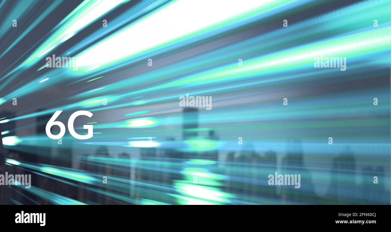 Composition de 6 g de texte sur des pistes lumineuses bleues et paysage urbain Banque D'Images