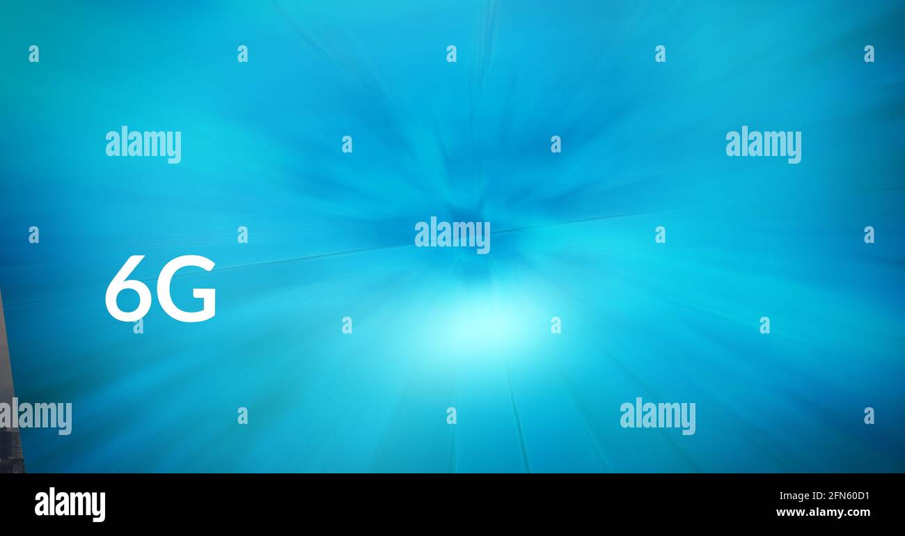 Composition de 6 g de texte sur des traces de lumière bleue luminescentes arrière-plan bleu Banque D'Images