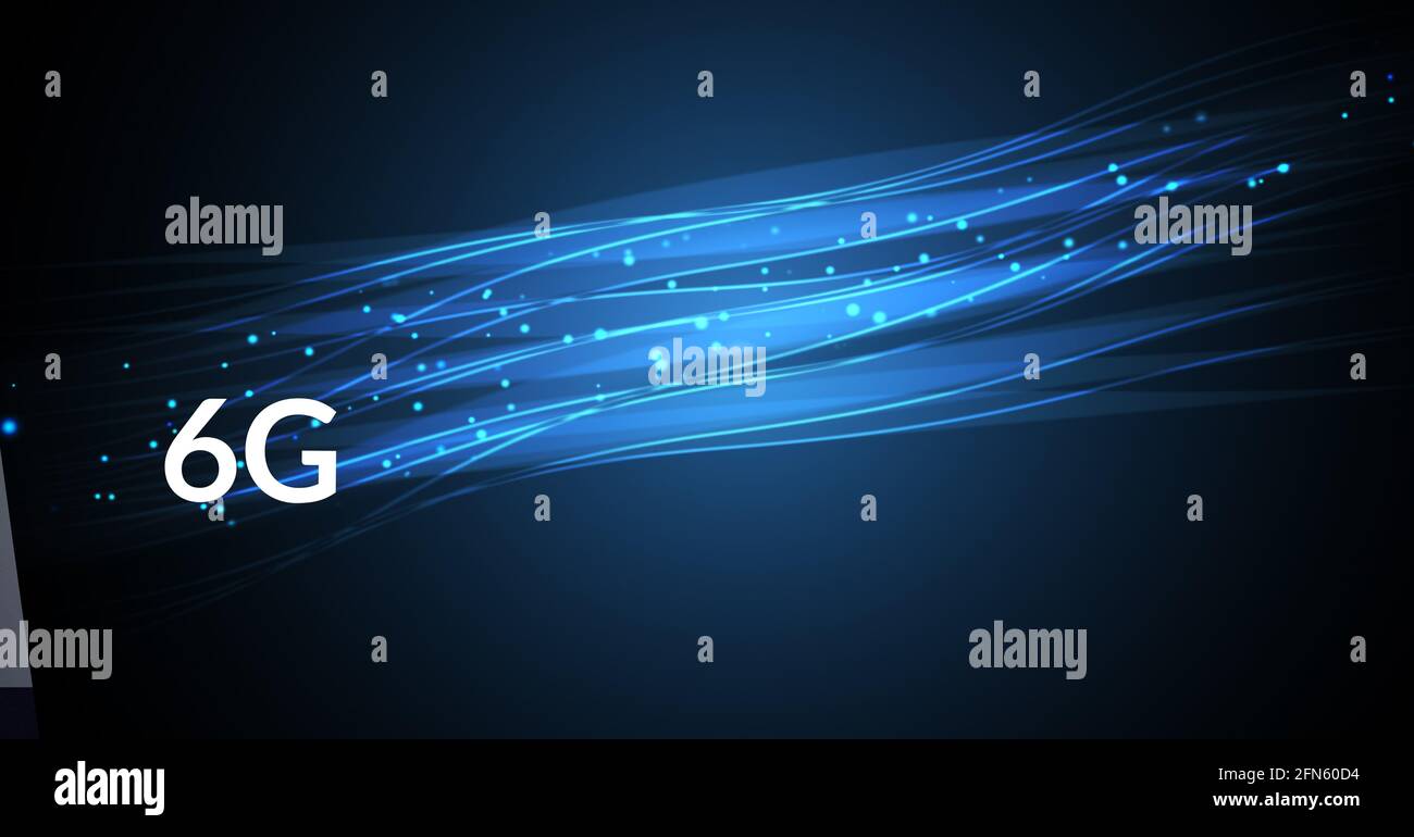 Composition de 6 g de texte sur des traces de lumière bleue luminescentes arrière-plan bleu Banque D'Images