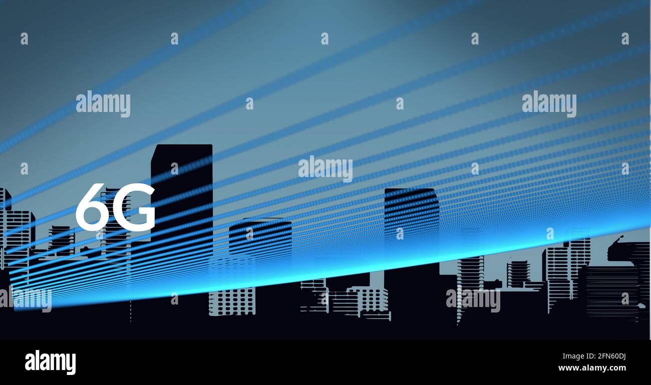 Composition de 6 g de texte sur des pistes lumineuses bleues et paysage urbain Banque D'Images