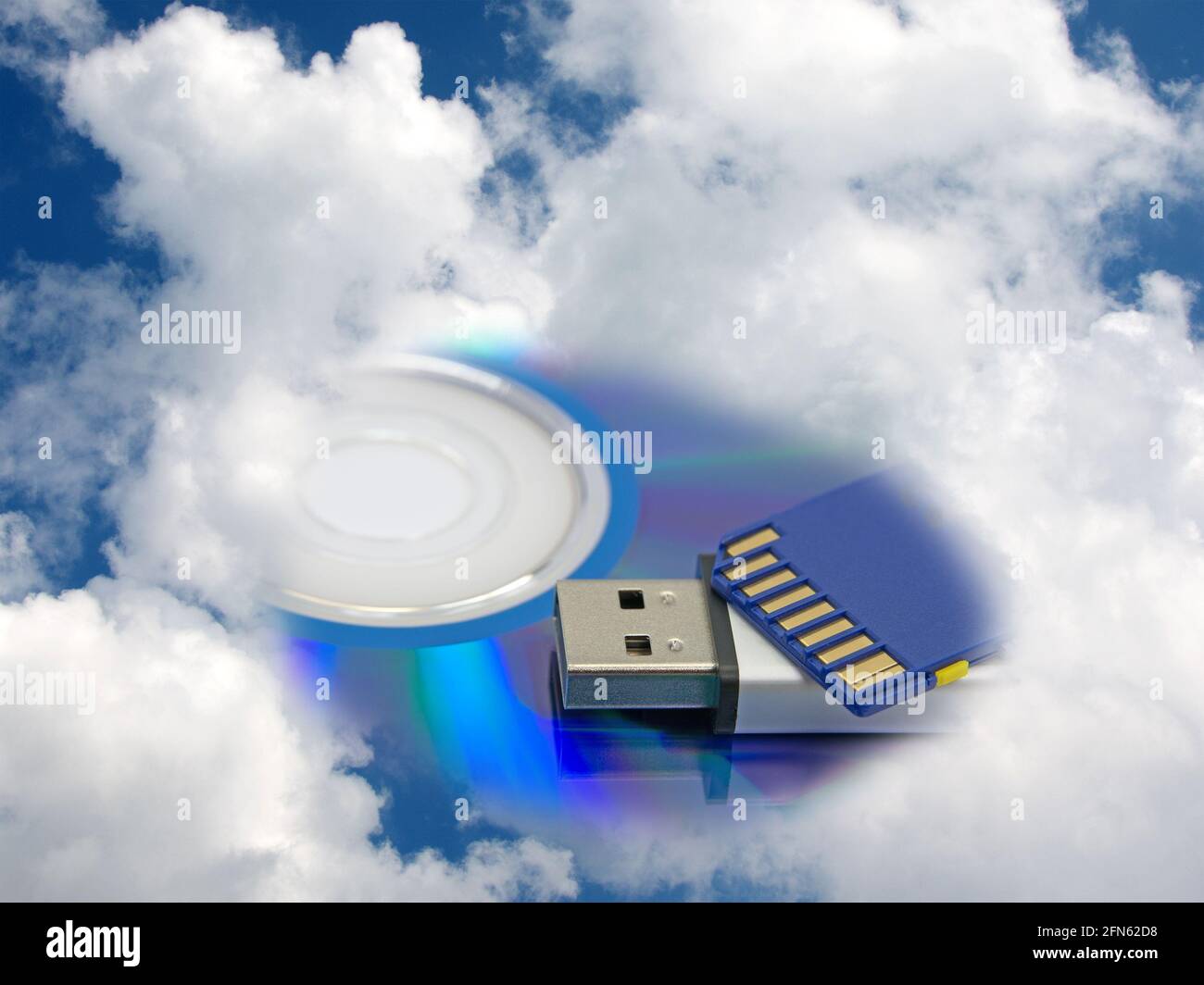Différents supports de stockage et clouds dans un collage Banque D'Images