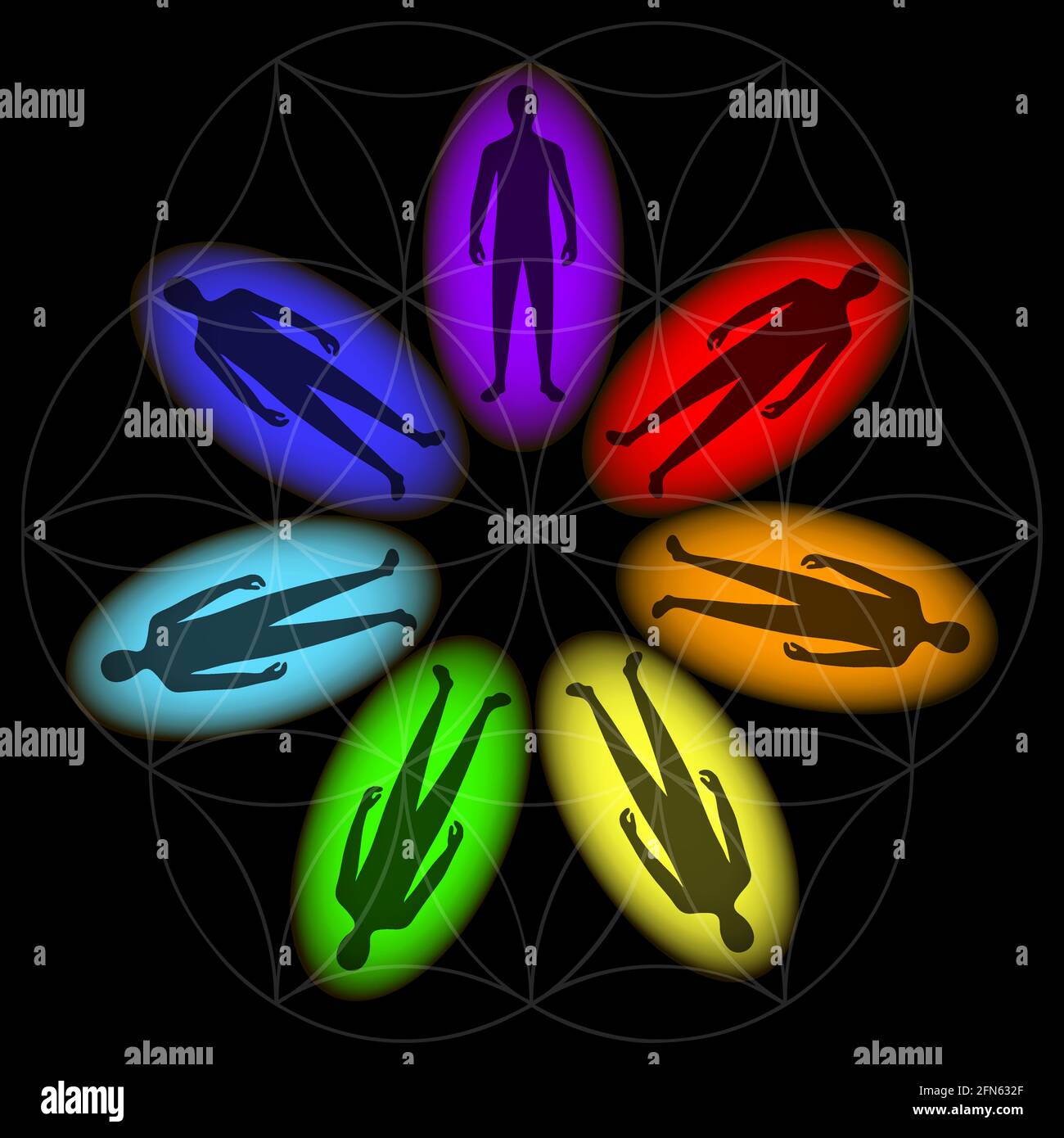 L'aura d'une personne. Différentes couleurs aura . La silhouette d'une personne. Fleur de vie. Arrière-plan noir. Vecteur Illustration de Vecteur