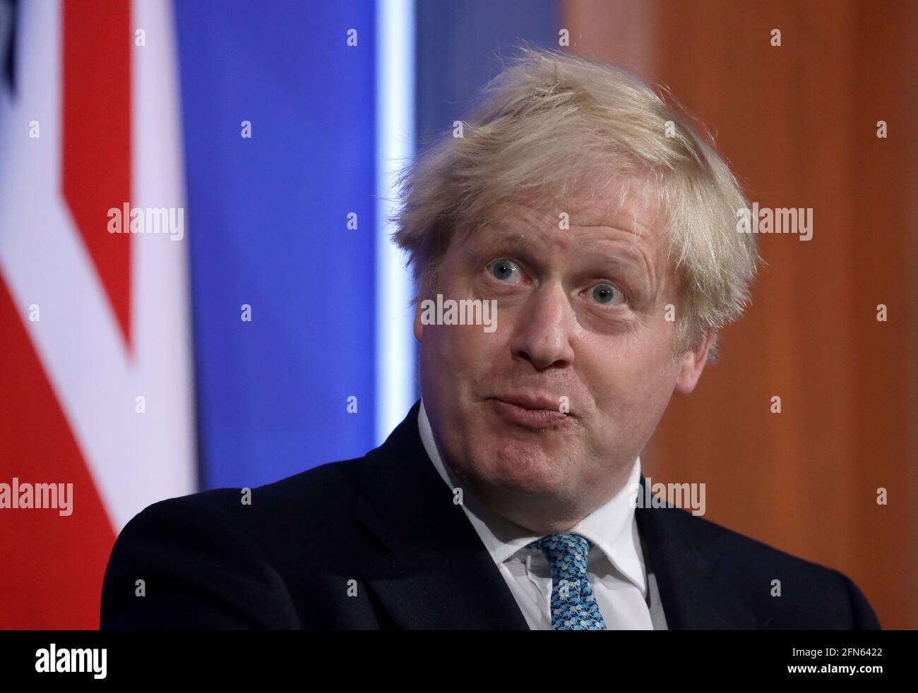 Le Premier ministre Boris Johnson lors d'une réunion d'information à Downing Street, Londres, sur le coronavirus (Covid-19). Date de la photo: Vendredi 14 mai 2021. Banque D'Images