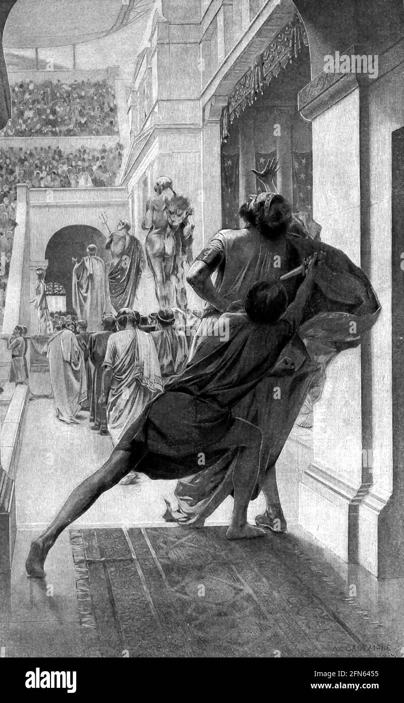 Philippe II de Macédonie (382–336 av. J.-C.). Pausanius assassine Philippe pendant la procession dans le théâtre, par André Castaigne, c. 1898 Banque D'Images