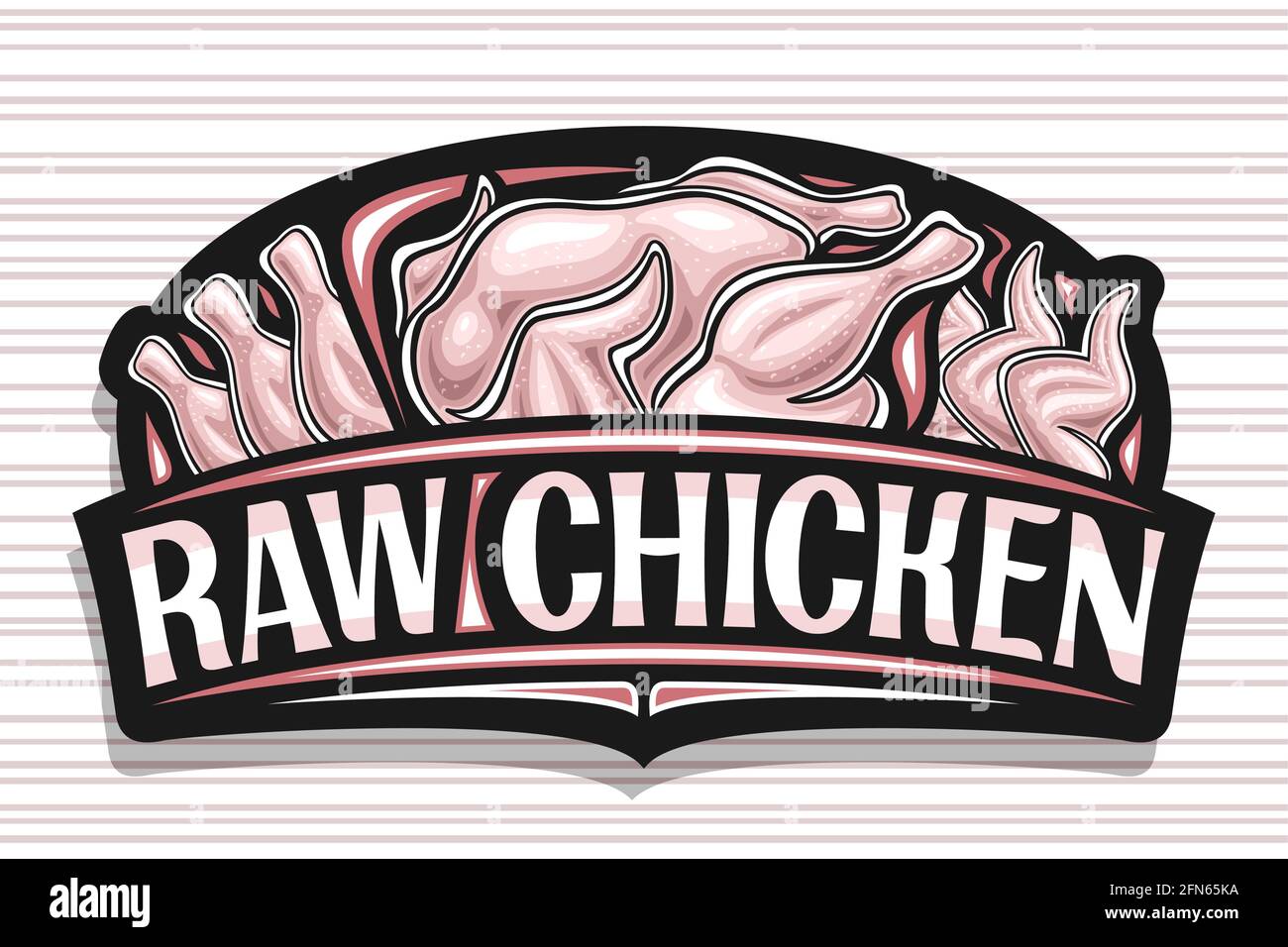 Logo vectoriel pour poulet cru, panneau décoratif noir avec illustration de tranches de poulet et entières, bannière design artistique avec inscription unique au pinceau Illustration de Vecteur