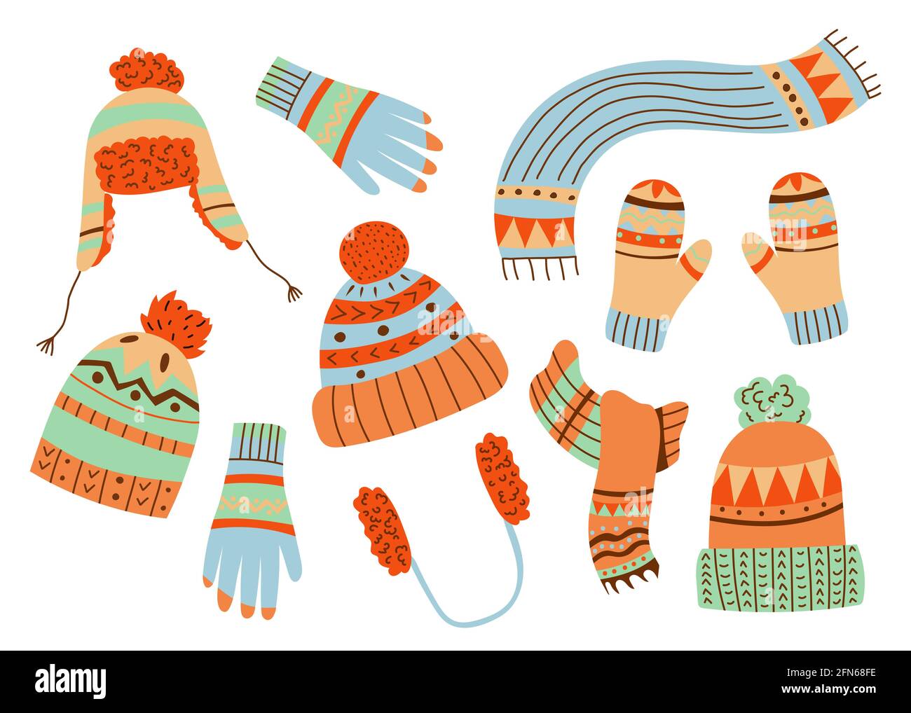 Jolis chapeaux et gants tricotés d'hiver, scarfs vecteur Illustration de Vecteur