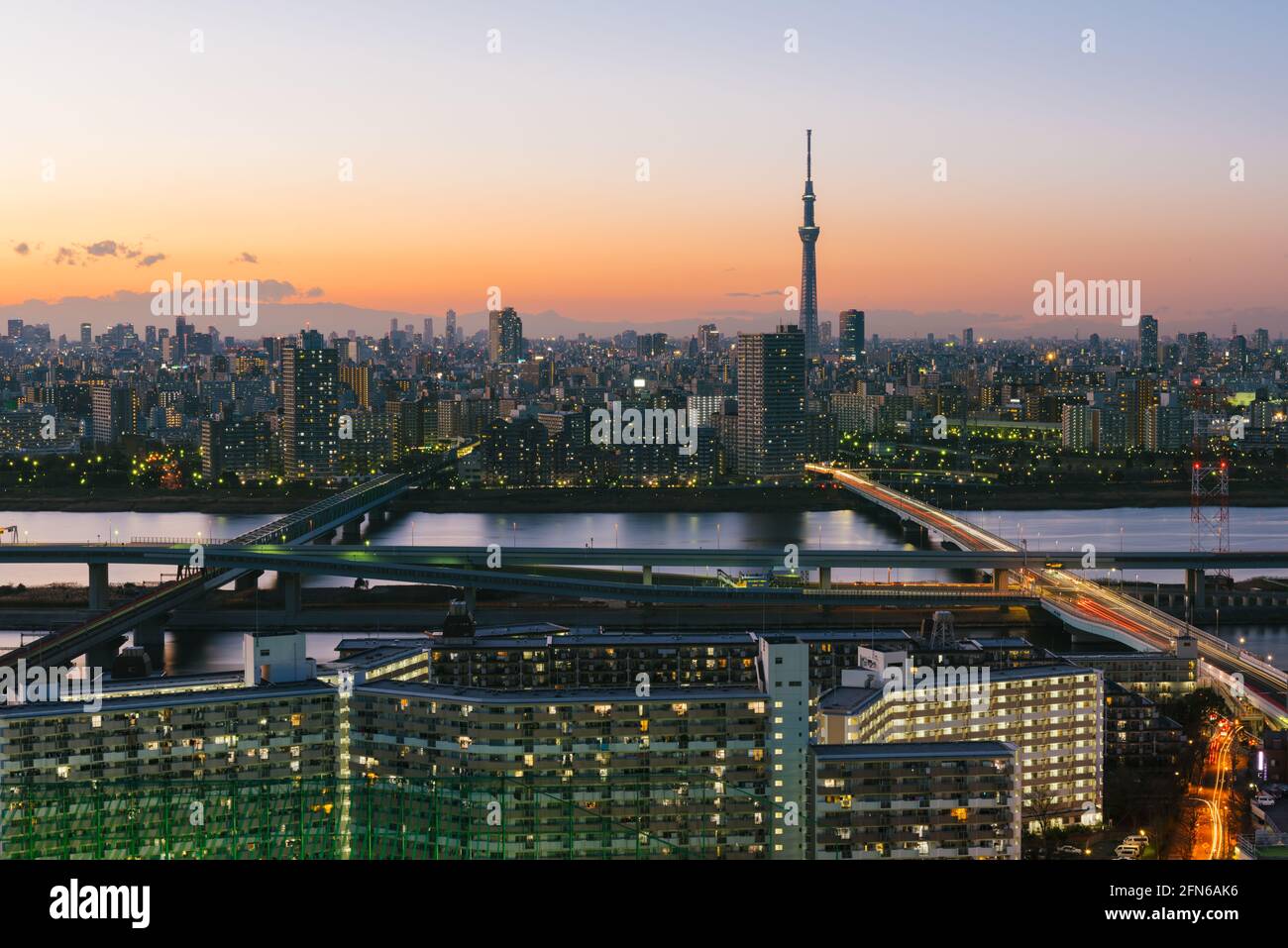Tokyo, Japon - 10 janvier 2016 : Tokyo Skyline au crépuscule, vue sur le quartier d'Asakusa, le fleuve Arakawa et Tokyo Skytree Banque D'Images
