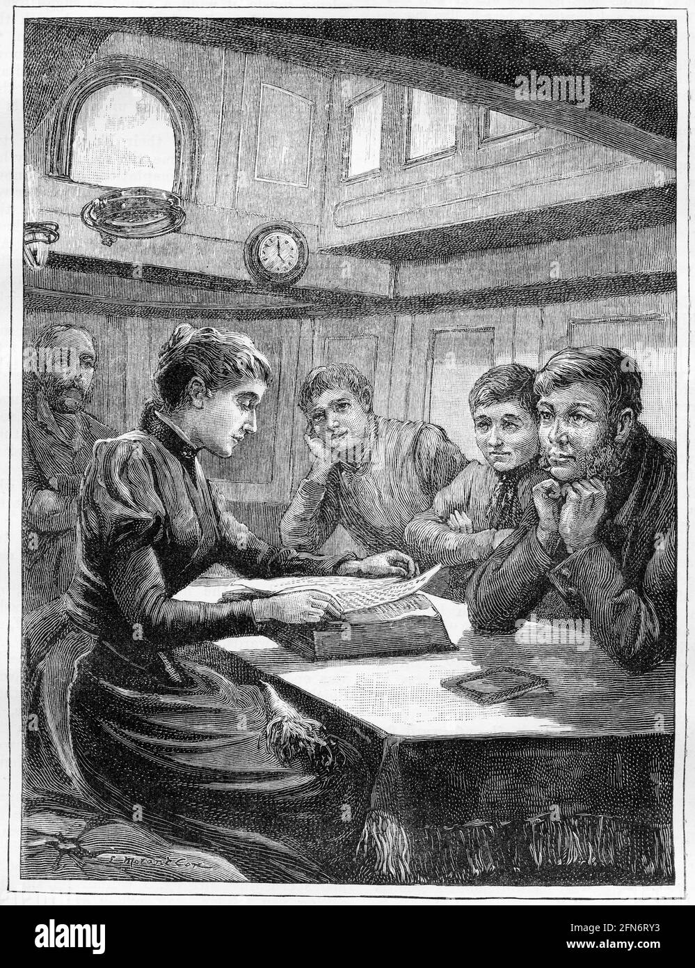 Gravure d'une femme lisant la Bible avec quelques marins sur un navire, vers 1890 Banque D'Images