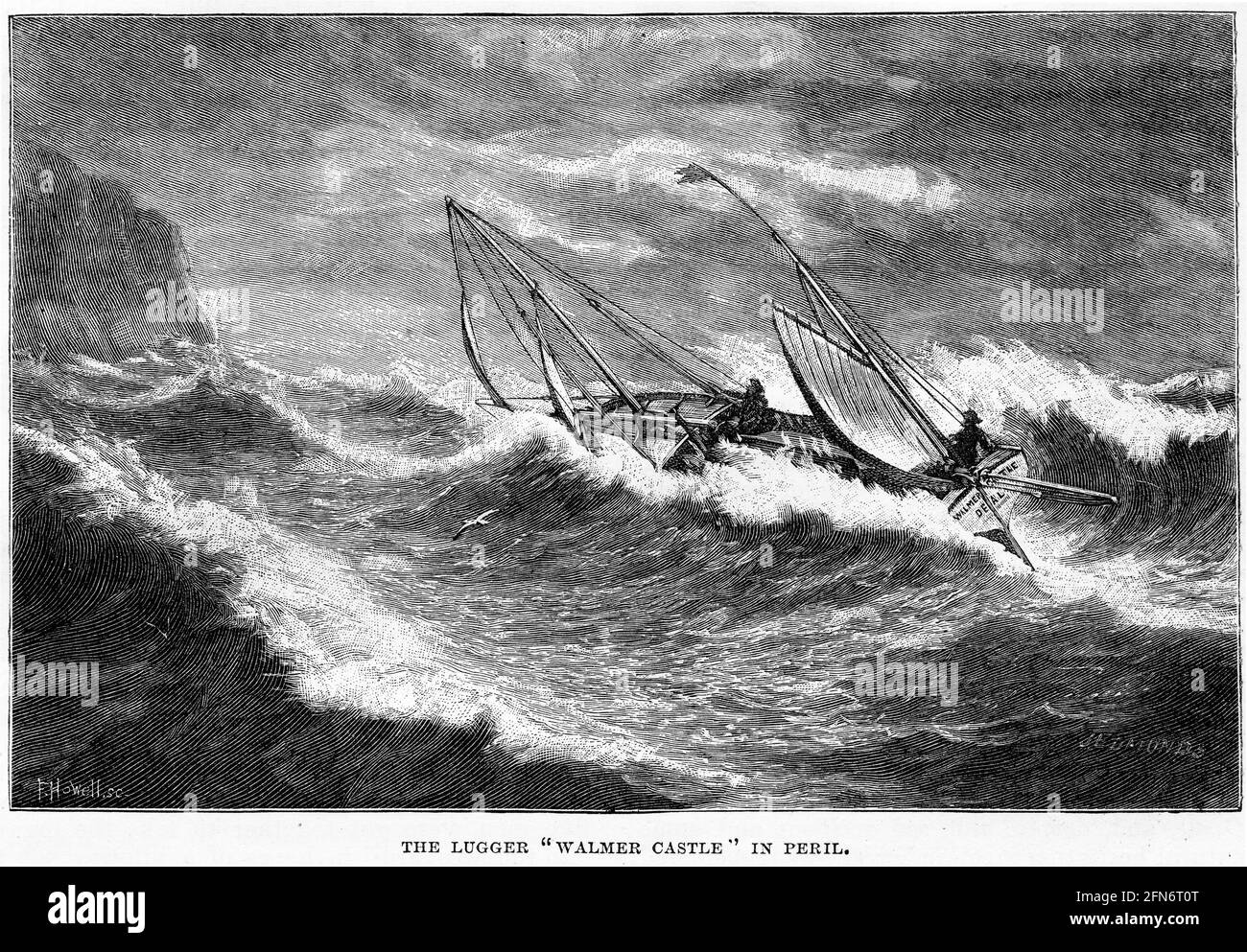 Gravure du château de Walmer en péril au large de la côte d'Angleterre pendant une tempête, vers 1890 Banque D'Images