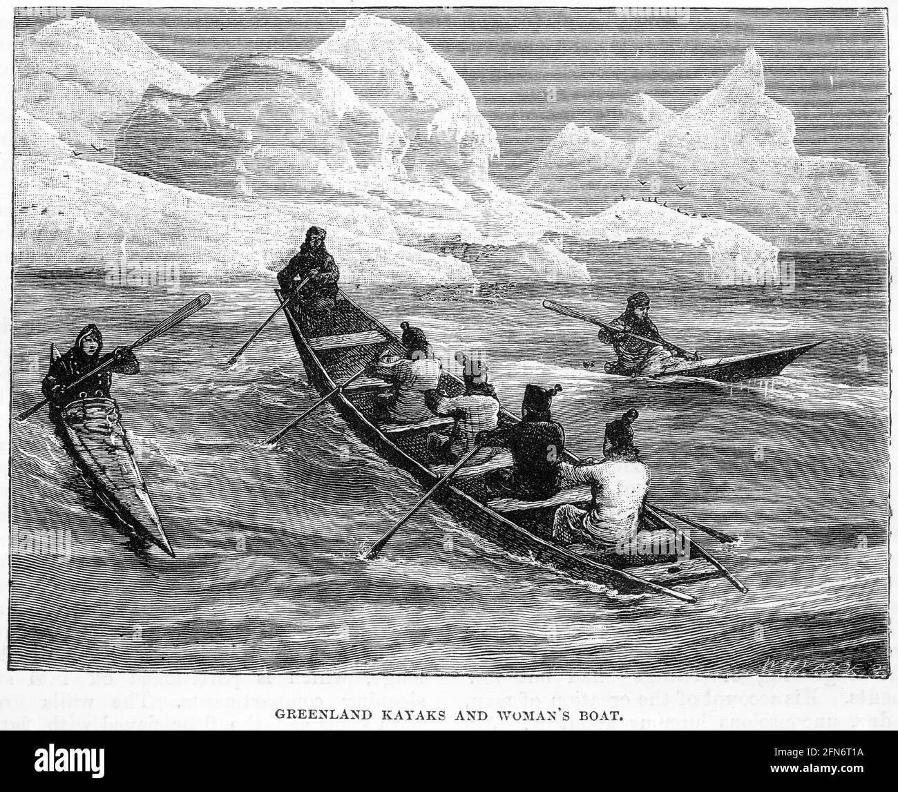 Gravure d'eskimos au groenland pagayage en kayaks et un bateau Banque D'Images