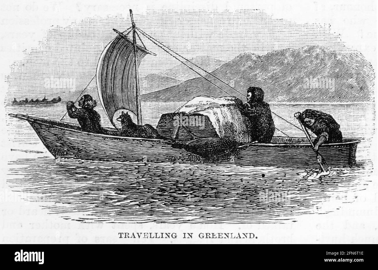 Gravure d'eskimos voyageant en bateau au Groenland Banque D'Images