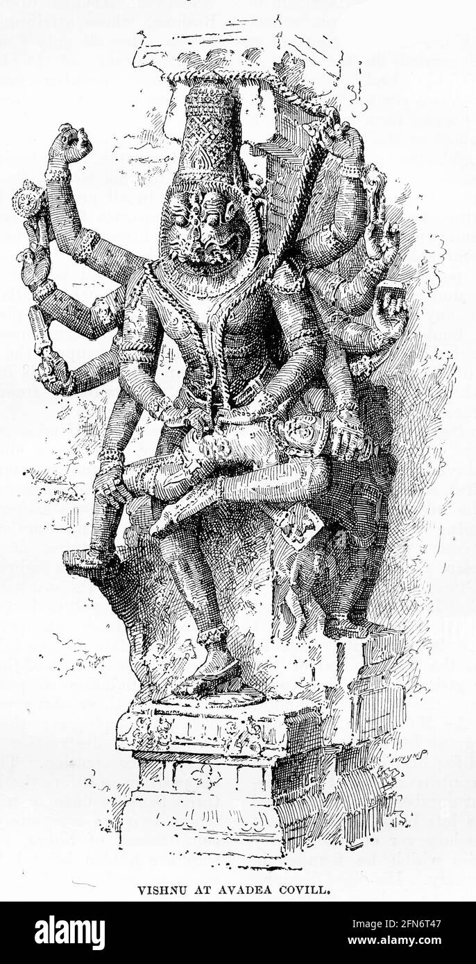 Gravure d'une statue du dieu indien Vishnu à Avadea Covill Banque D'Images