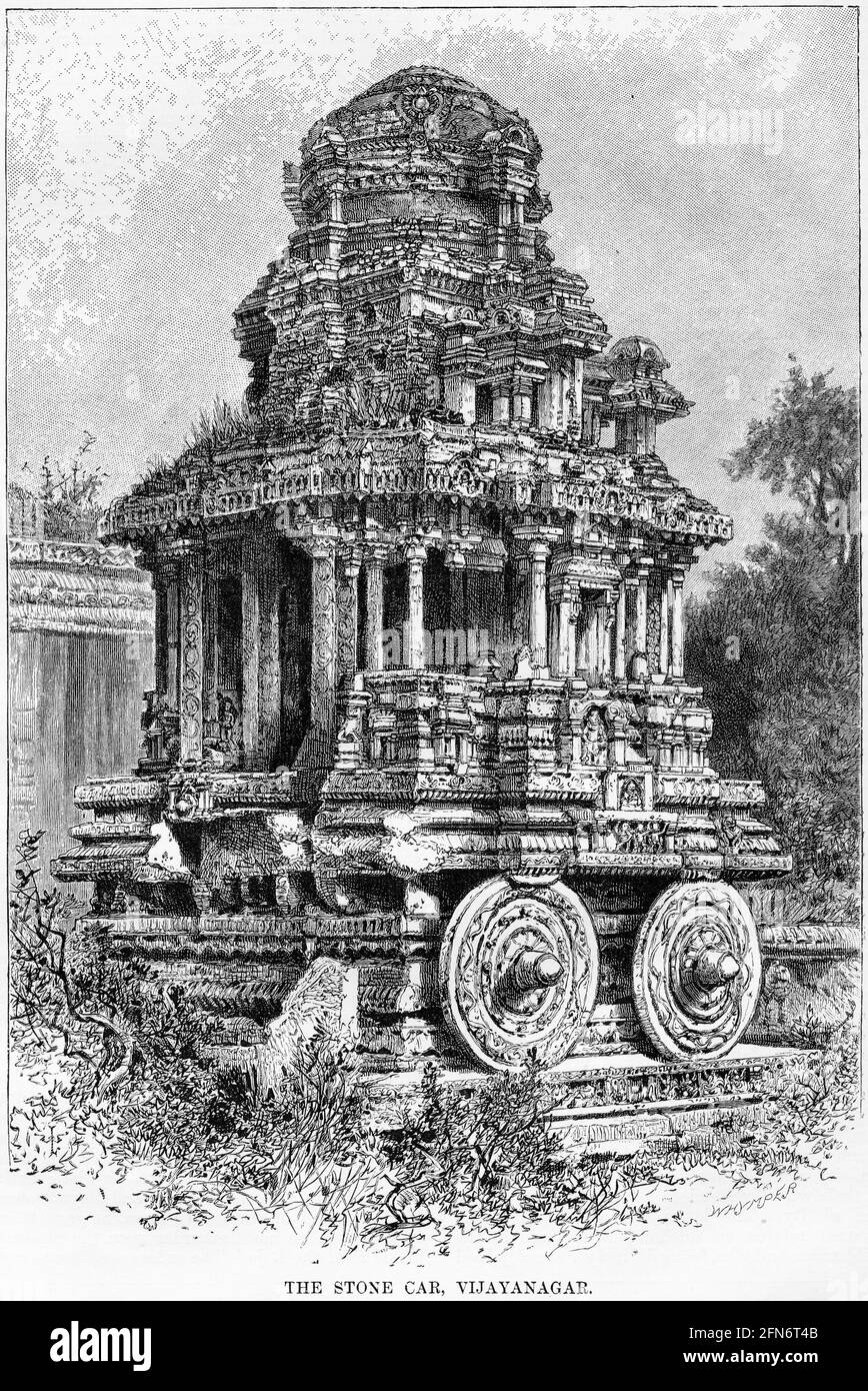 La gravure de la voiture en pierre, Vijayanagar, Hampi, avec une section ornée semble maintenant manquer, vers 1880 Banque D'Images