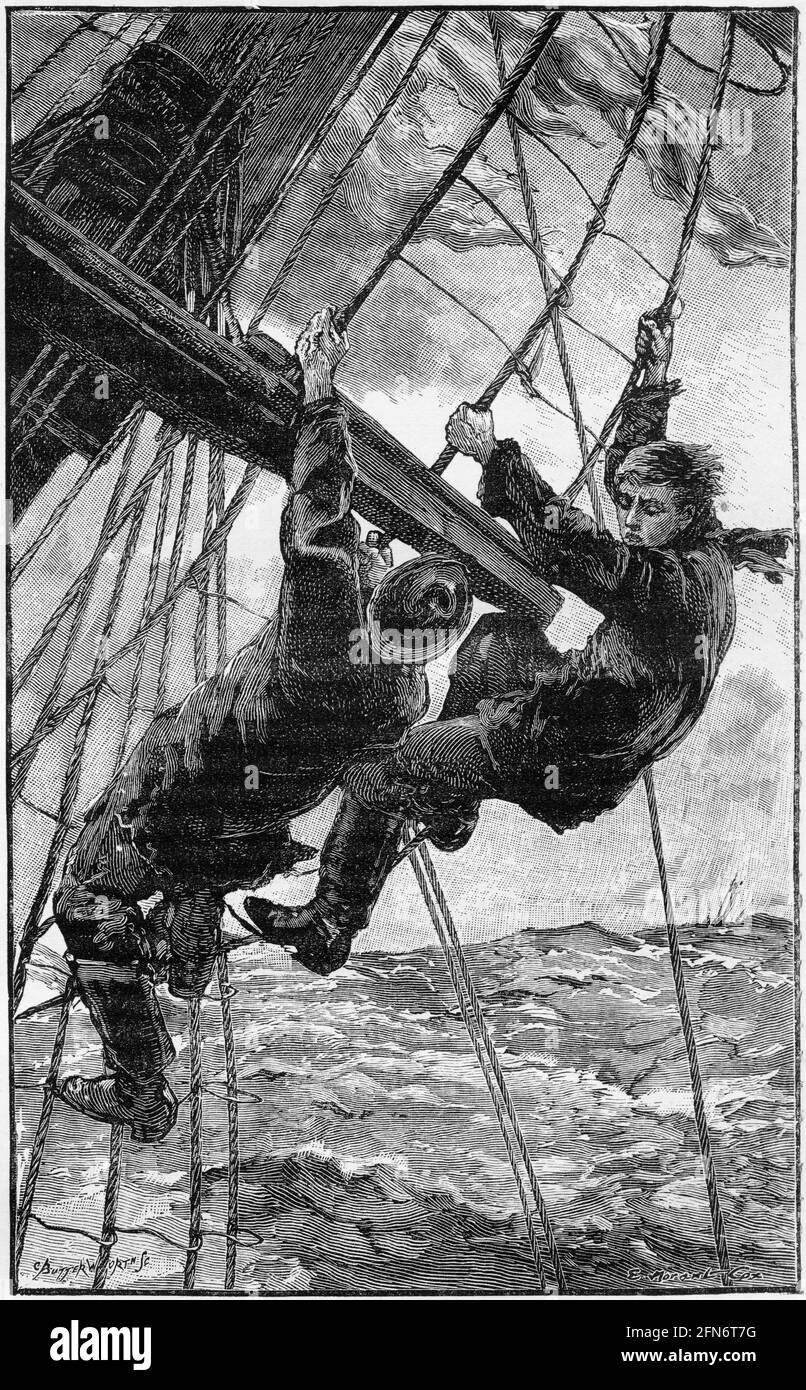 Gravure de deux marins haut dans le gréement d'un grand navire pendant un Gale, vers 1880 Banque D'Images