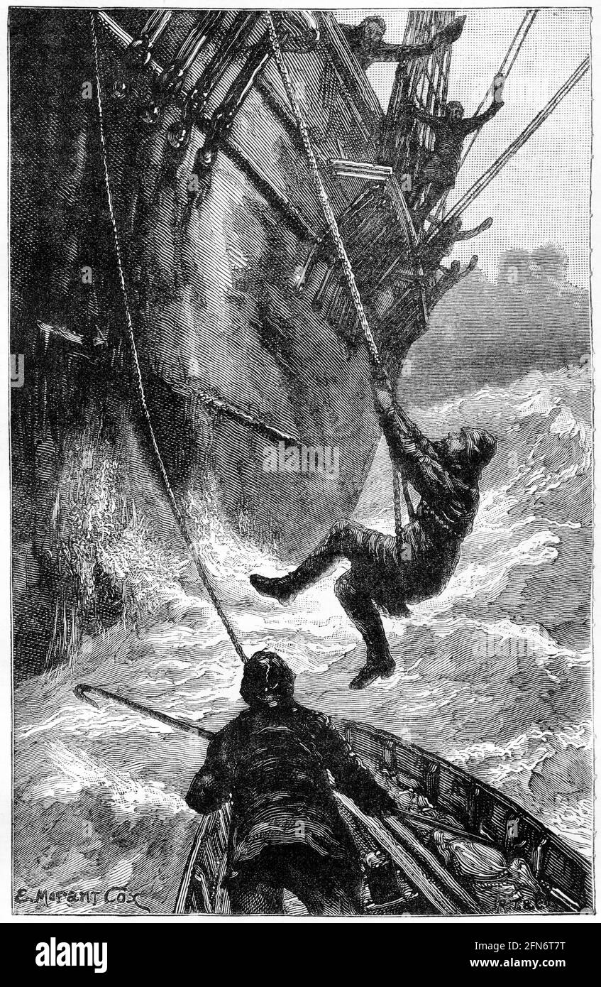 Gravure d'un secouriste grimpant à bord d'un navire striken pendant une tempête, vers 1890 Banque D'Images
