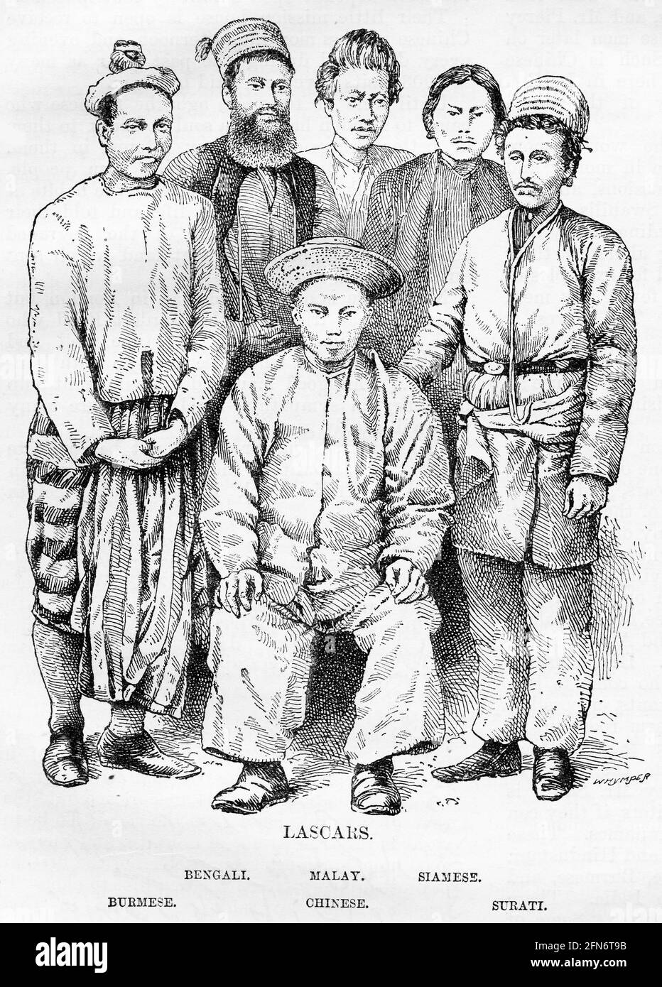 Gravure d'une variété de lascars, qui étaient marins ou miliciens du sous-continent indien, de l'Asie du Sud-est, du monde arabe, du Somaliland britannique, ou d'autres terres à l'est du Cap de bonne espérance. Ils ont été employés sur des navires européens du XVIe siècle jusqu'au milieu du XXe siècle, mais ont souvent souffert d'une grande pauvreté à la fin du voyage et ils étaient de retour sur le sol européen. Banque D'Images