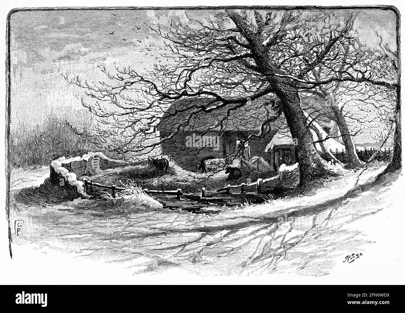 Gravure d'une scène rurale d'hiver en Angleterre, vers 1880 Banque D'Images