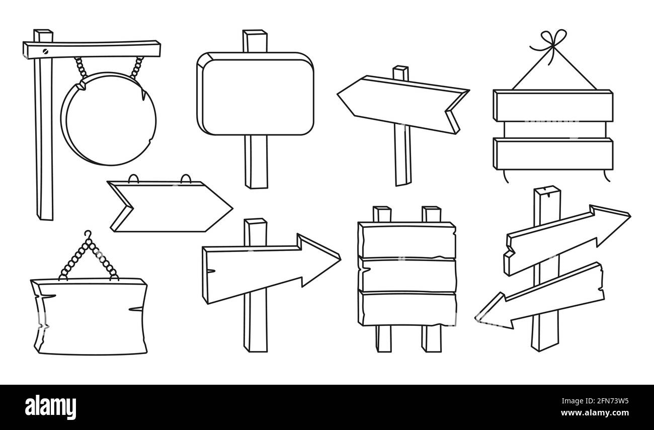 Panneaux en bois, panneau d'affichage vide, ensemble de lignes noires. Collection de pointeurs de flèche rurale. Vierge formes diverses planches tablette vintage ou vieux bannières rétro. Panneau de signalisation dessiné à la main, illustration rustique de vecteur de panneau de signalisation Illustration de Vecteur