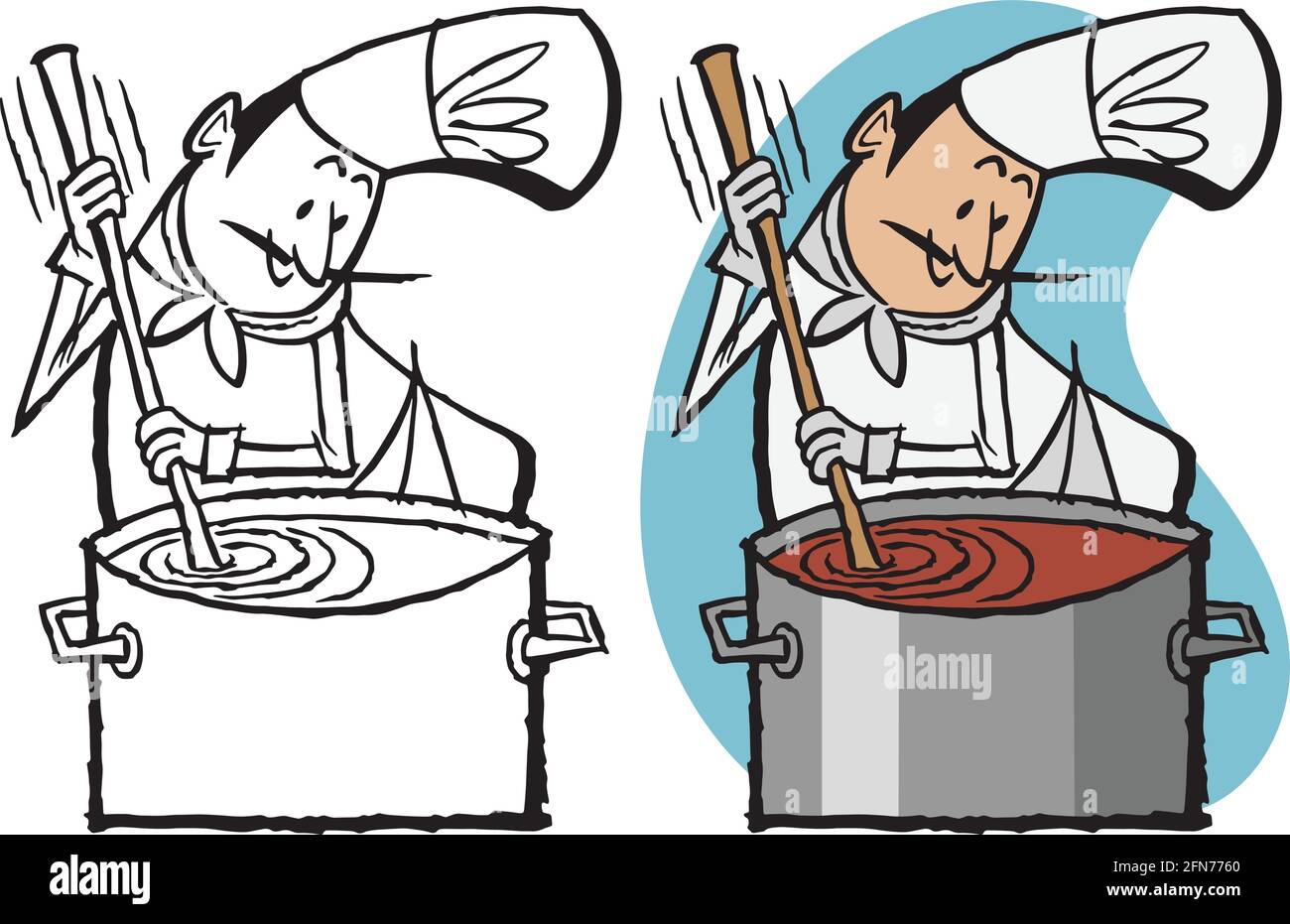 Un dessin animé rétro d'un chef qui braque une grande soupe chaude