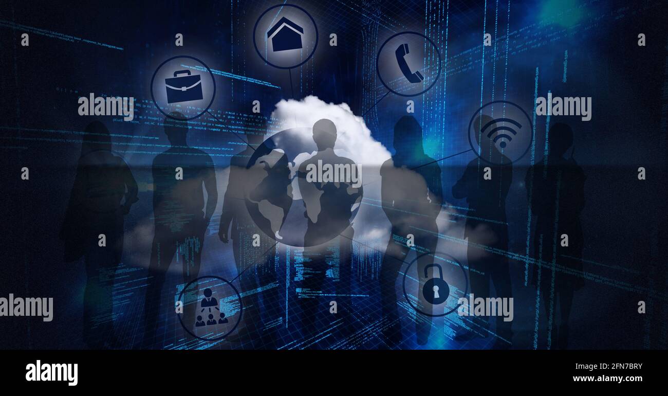 Composition du réseau d'icônes numériques en ligne sur les silhouettes de personnes Banque D'Images