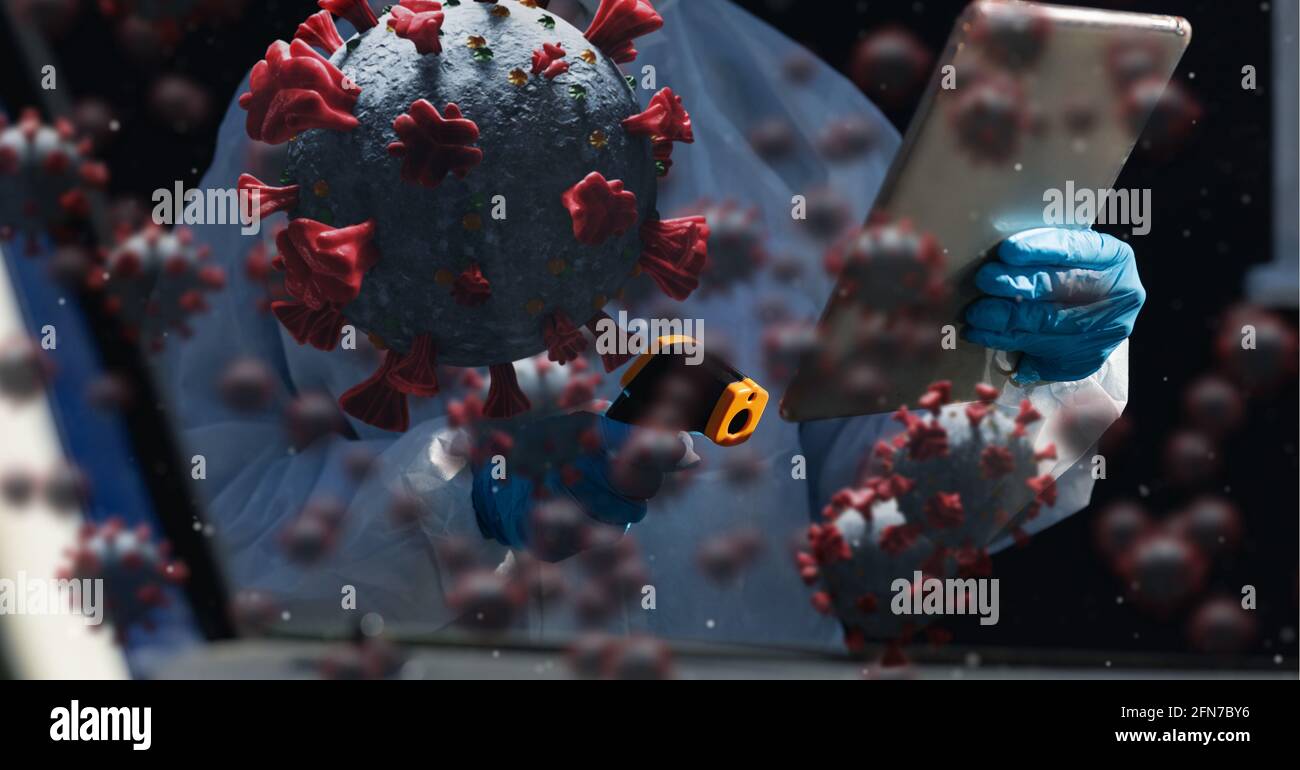 Composition de cellules covid 19 flottant sur le médecin dans l'epi combinaison et masque pour mesurer la température Banque D'Images