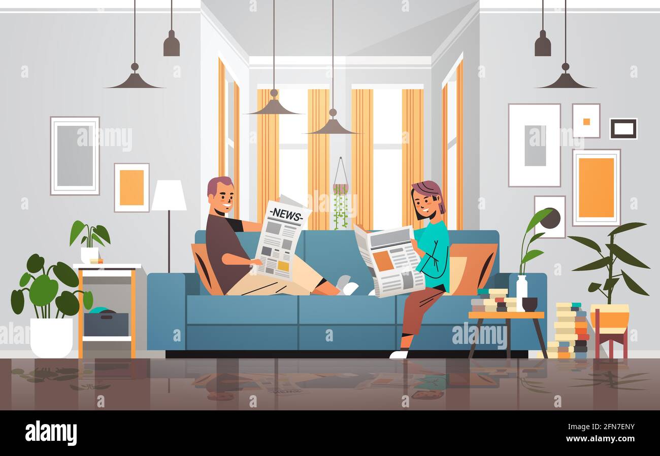 couple tenant des journaux homme femme assis n canapé lisant tous les jours presse d'information concept de médias de masse Illustration de Vecteur