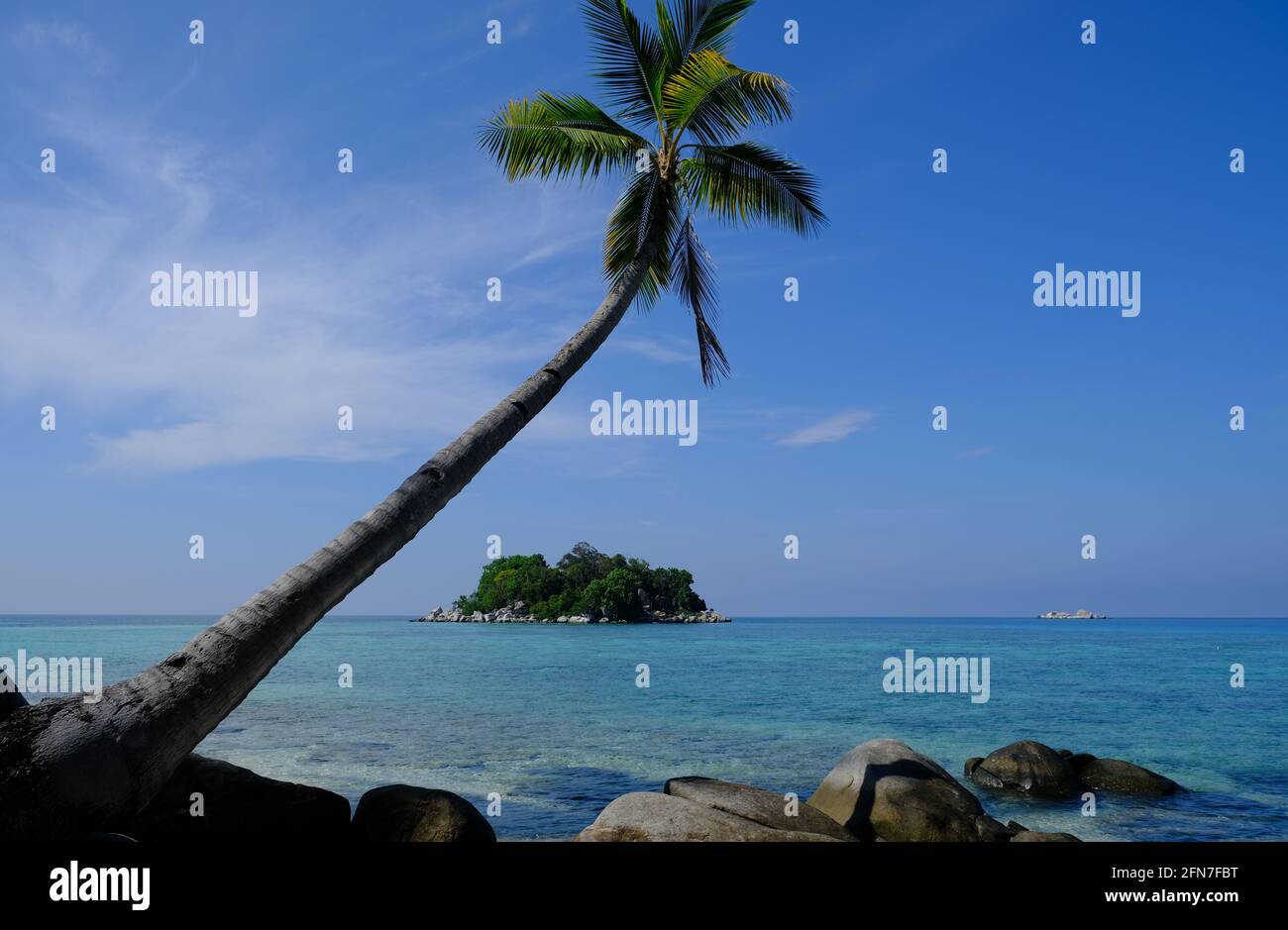 Iles Anambas Indonésie - Plage de l'île de Telaga avec un seul palmier arbre Banque D'Images
