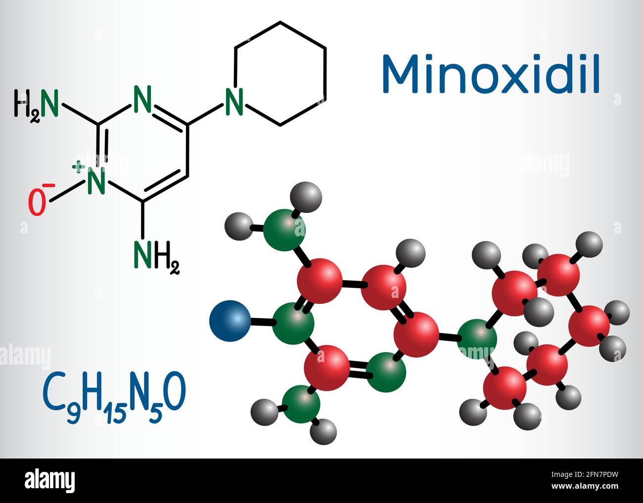Molécule de minoxidil. C'est un antihypertensif vasodilatateur médicament,  est utilisé pour traiter la perte de cheveux. Formule chimique structurelle  et modèle moléculaire. VEC Image Vectorielle Stock - Alamy