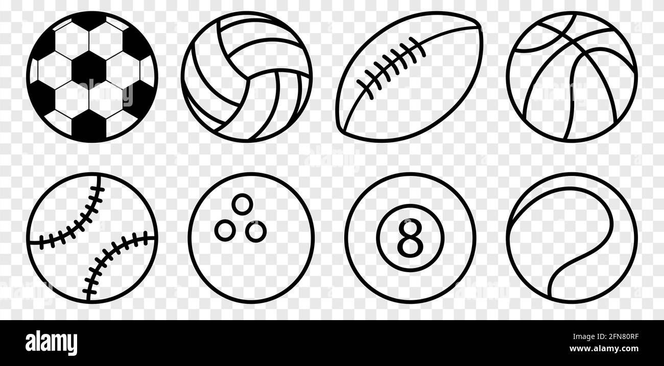 Ensemble d'icônes de balles de sport. Style art au trait simple. Football, football, basket-ball, tennis, baseball, volley-ball, bowling, billard. Icônes vectorielles isolées o Illustration de Vecteur