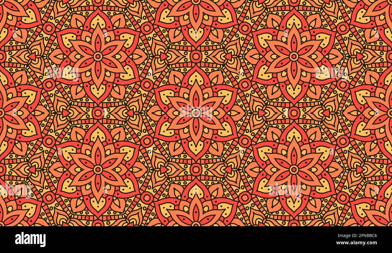 Motif vectoriel sans couture pour fabrique. Motif indien façon mandala sans couture, motif vectoriel. Imprimé floral orange abstrait oriental. Illustration de Vecteur