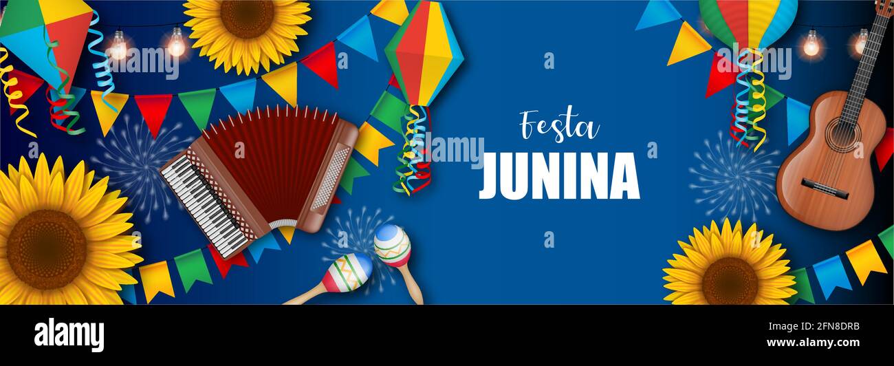 Bannière Festa junina avec fanions colorés, ballons, tournesols, accordéon, guitare et maracas. bannière du festival brésilien de juin Illustration de Vecteur