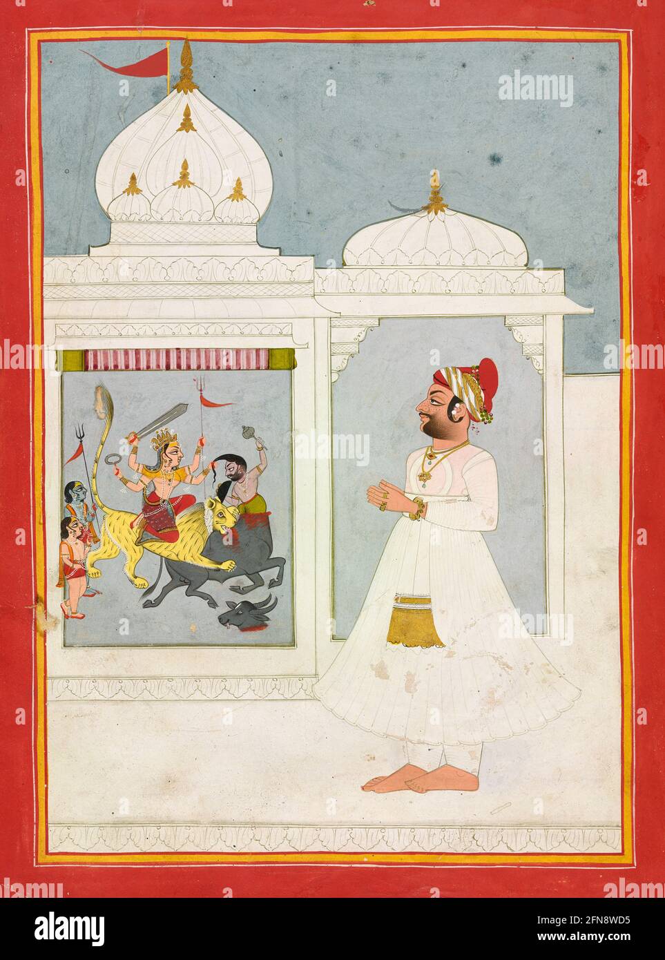 Thakur Ajit Singh adore la Déesse, datée de 1817. Banque D'Images
