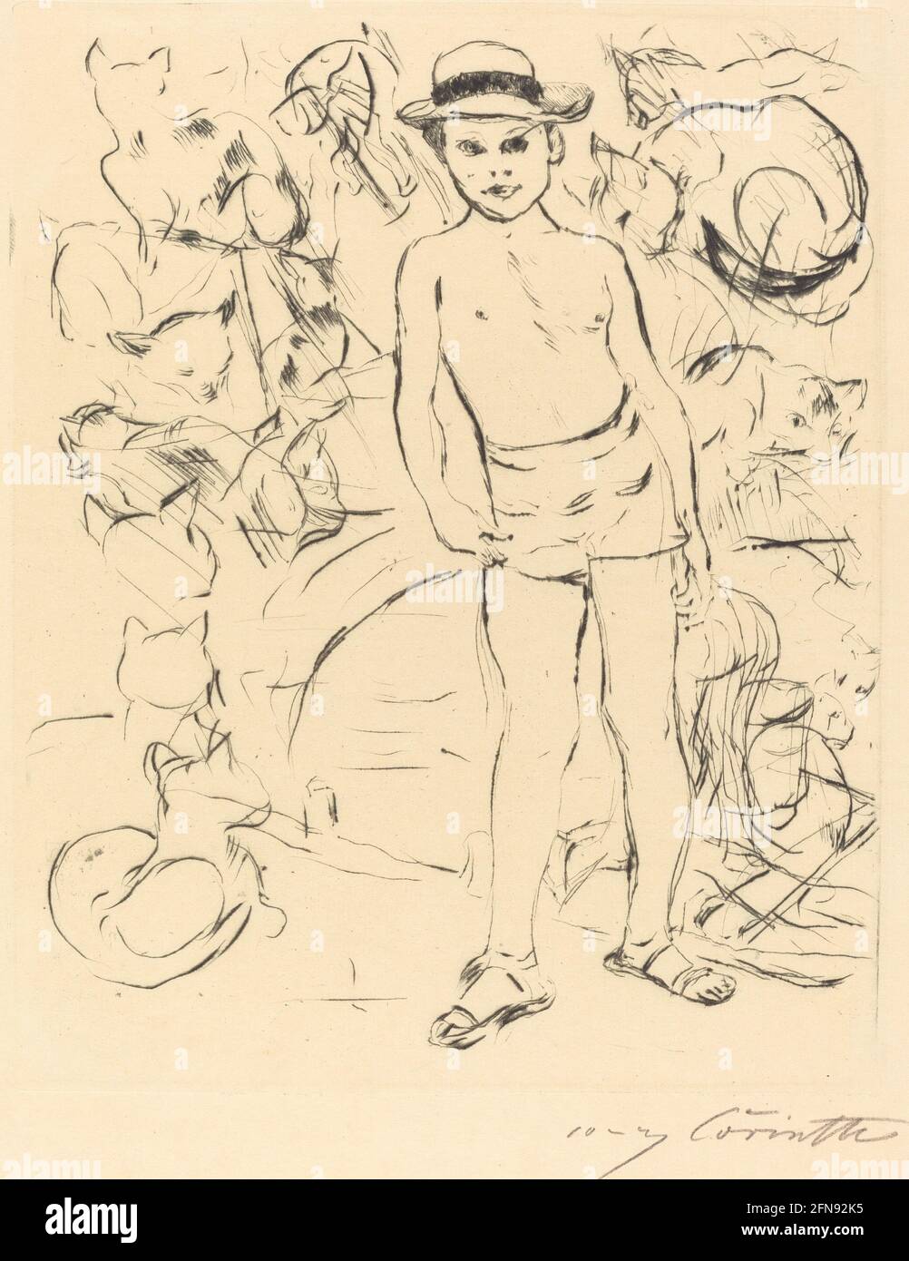 Knabe mit Badehose und Strohhut (Boy Wearing Snabing-Trunks and Straw Hat), 1915. Banque D'Images