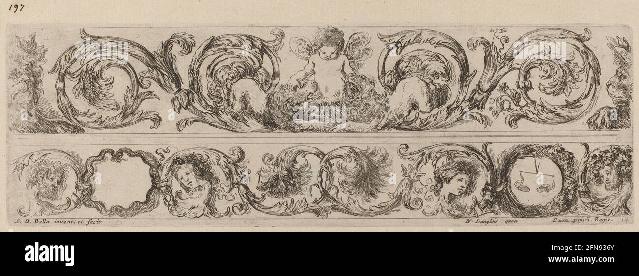 Deux bandes ornementales avec Cupidon et chefs des quatre saisons, probablement 1648. Banque D'Images