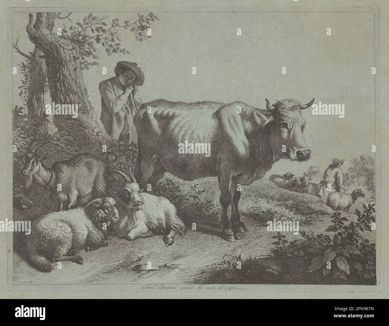 Vache debout et un garçon de berger avec Flock, 1760. Banque D'Images